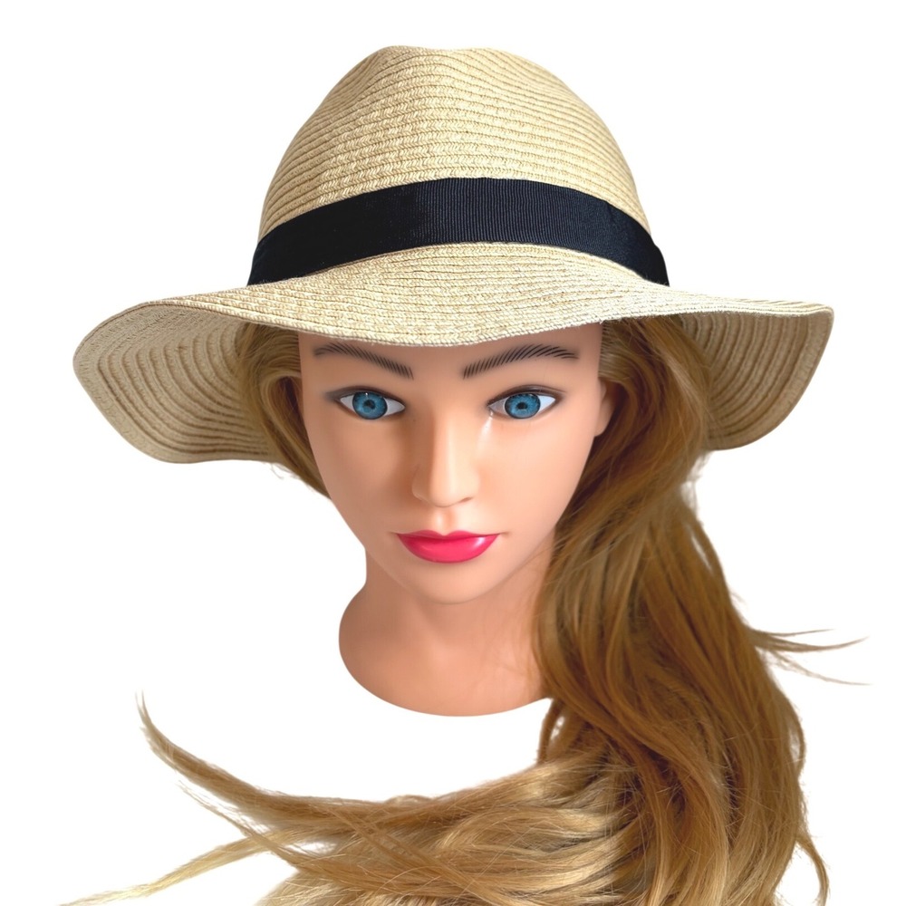 Loft Straw Fedora Hat Tan Black Grosgrain Ribbon Band S/M Summer Sun Beach